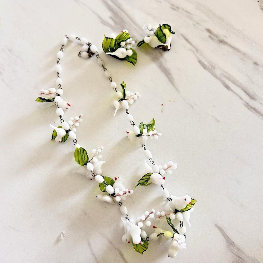 Vintage Murano White Glass Doves & Leaf Necklace‎ & Clip-on Earrings 1950s Italy - Picture 3 of 10